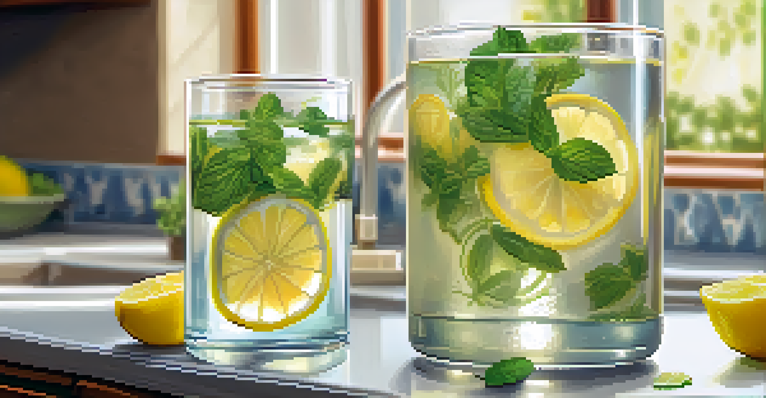 A glass of lemon and mint-infused water on a kitchen countertop, surrounded by whole lemons and mint leaves, in a warm and inviting setting.