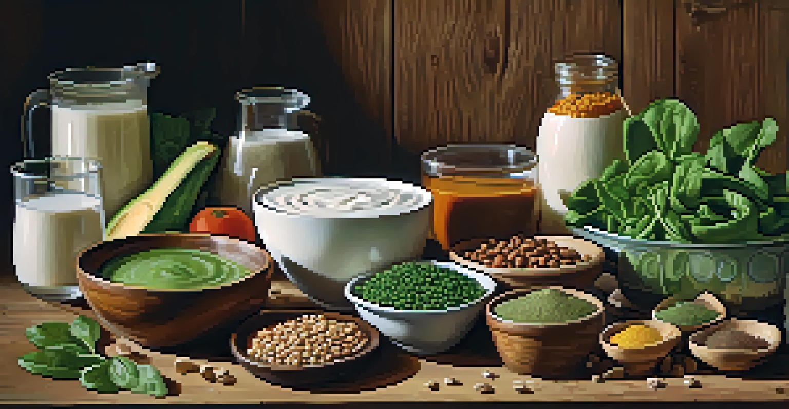 An arrangement of foods rich in iron, calcium, and folic acid on a wooden surface.