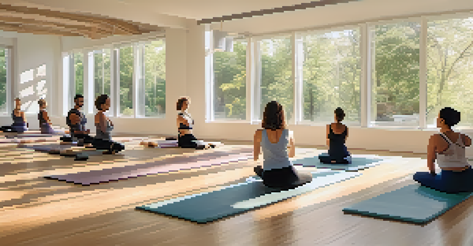 A group of people participating in a Pilates class in a sunlit studio with large windows and natural light.