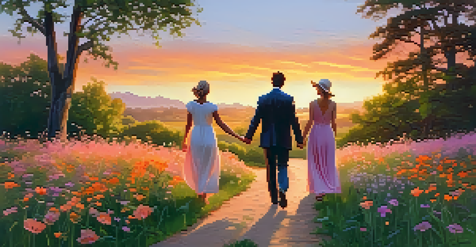 A couple walking in a park at sunset, surrounded by wildflowers and framed by trees under a colorful sky.