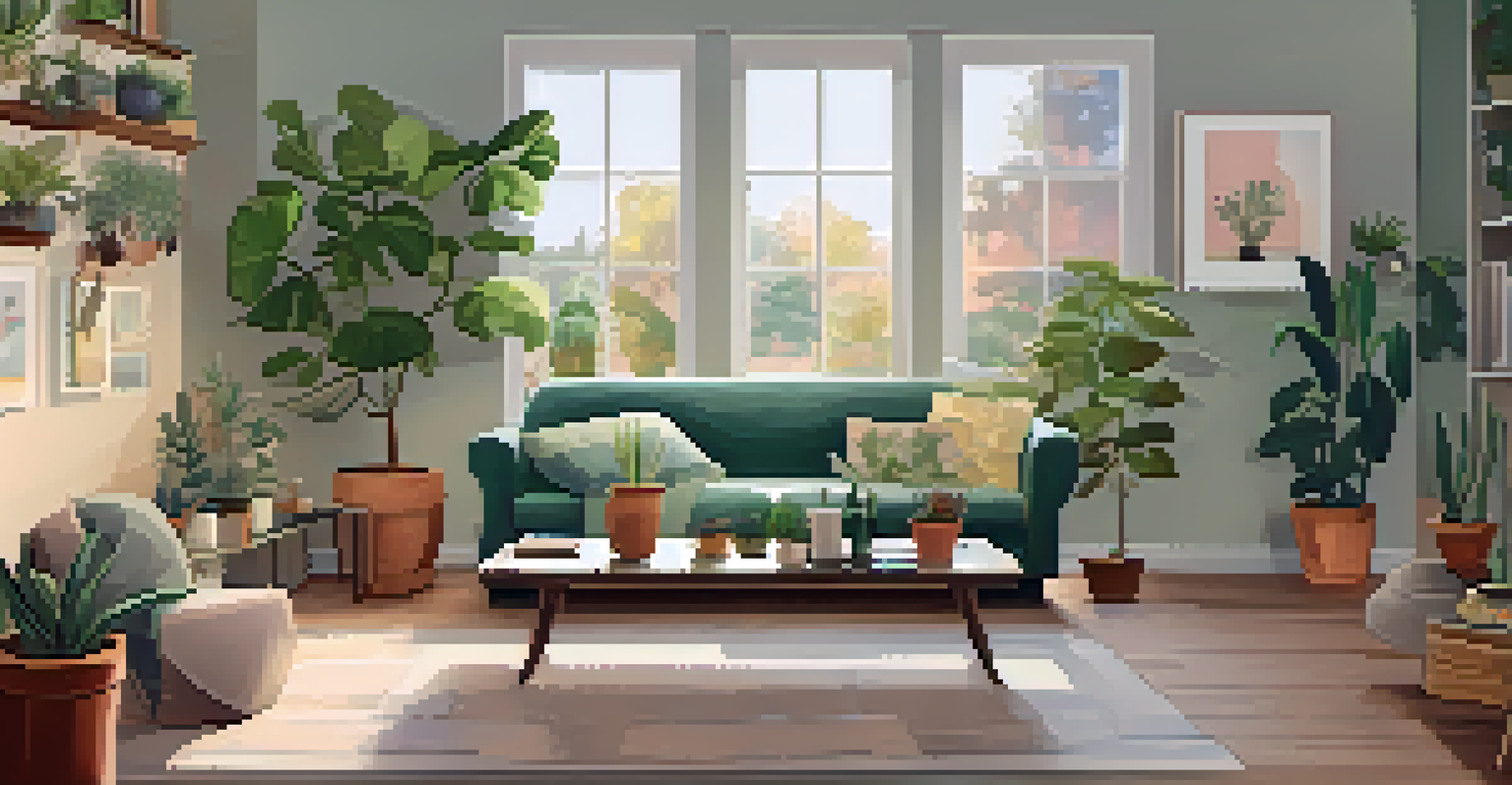 A tidy living room with calming colors, uplifting artwork, and herbal remedies on a table, promoting a supportive environment.