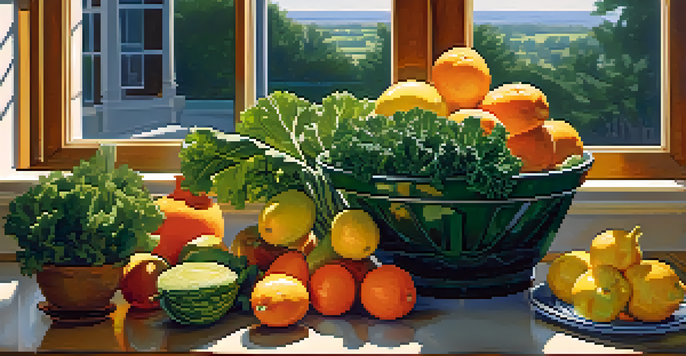 A bright kitchen table filled with fresh fruits and vegetables, with sunlight streaming through a window, promoting a healthy lifestyle.