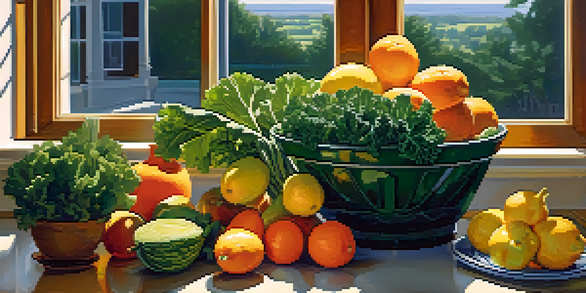 A bright kitchen table filled with fresh fruits and vegetables, with sunlight streaming through a window, promoting a healthy lifestyle.
