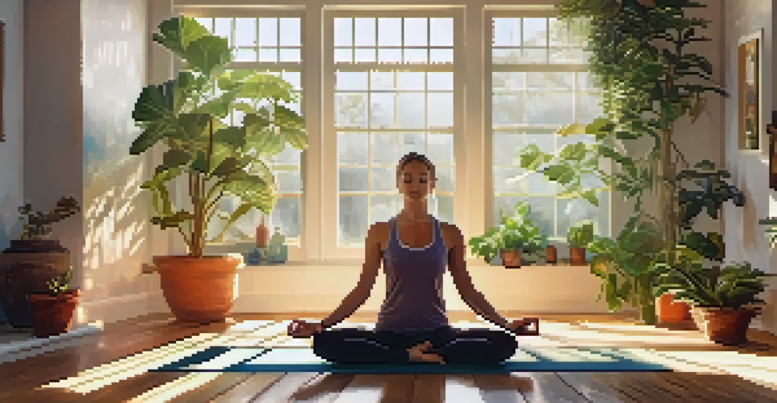 A person practicing yoga in a sunlit room filled with plants, candles, and essential oils, creating a peaceful and tranquil environment.