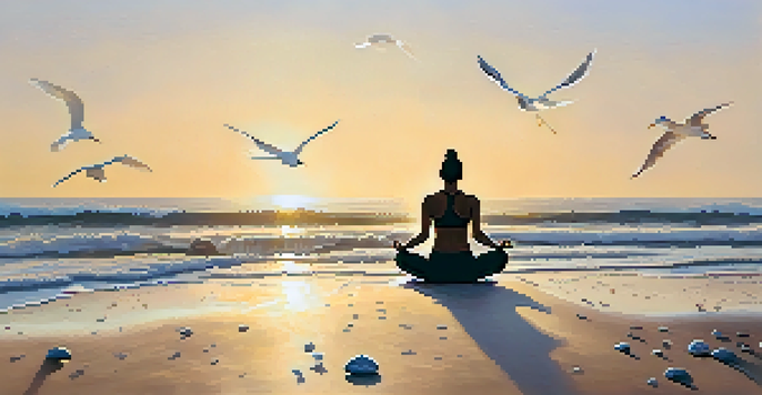 A person doing yoga on a beach at sunrise, surrounded by seashells and gentle waves.