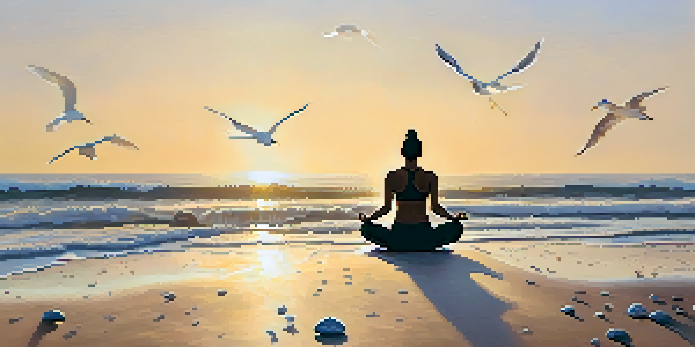A person doing yoga on a beach at sunrise, surrounded by seashells and gentle waves.