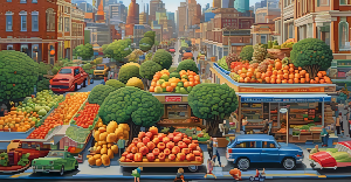 A colorful representation of a healthy gut microbiome resembling a city, with microorganisms as buildings and vibrant fruits and vegetables in the background.