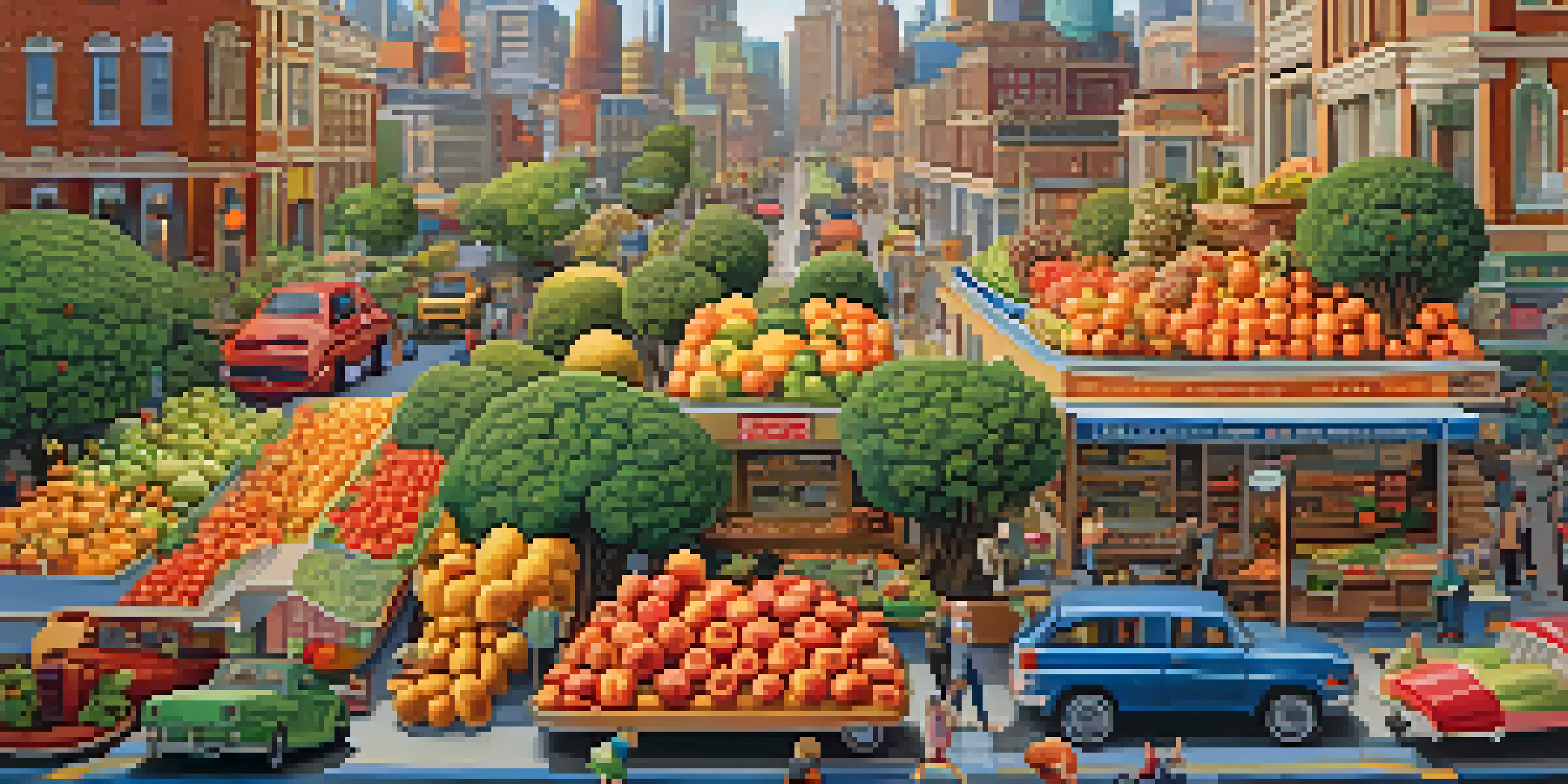 A colorful representation of a healthy gut microbiome resembling a city, with microorganisms as buildings and vibrant fruits and vegetables in the background.