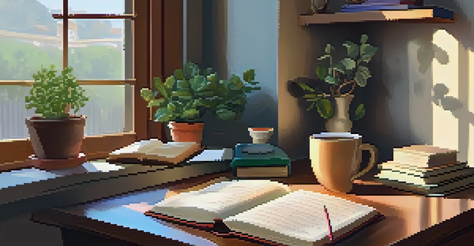 A cozy journaling space with a wooden desk, a colorful blanket, a cup of tea, an open journal, and a potted plant, illuminated by soft morning light.