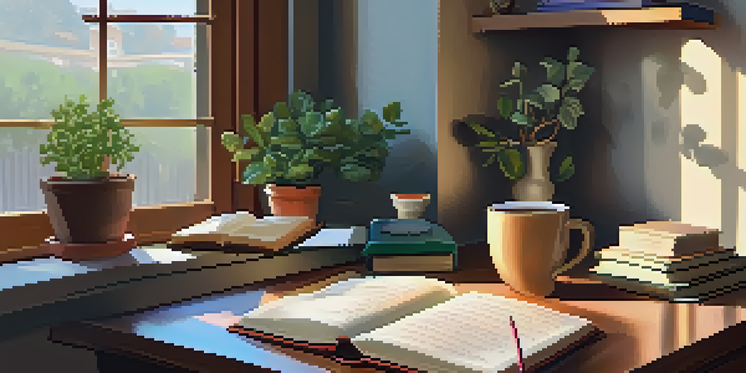A cozy journaling space with a wooden desk, a colorful blanket, a cup of tea, an open journal, and a potted plant, illuminated by soft morning light.