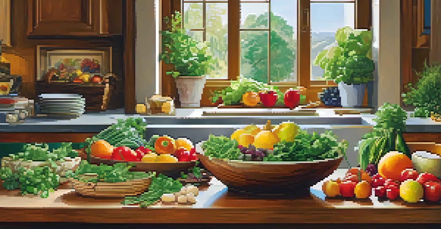 A kitchen countertop filled with fresh fruits, vegetables, and a bowl of salad in warm natural light.