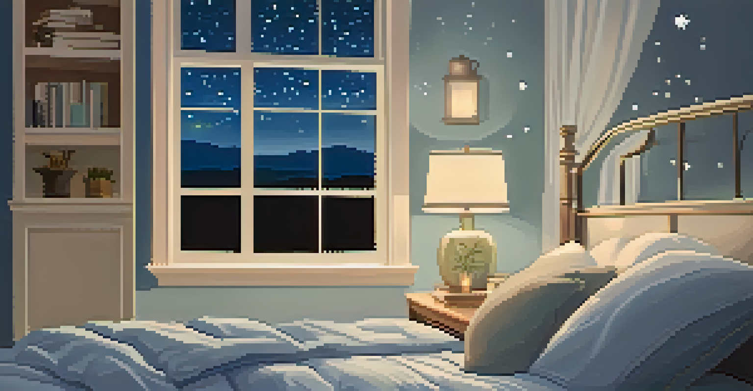 A calming bedroom scene with soft lighting, a cozy bed, and a peaceful night view, promoting the importance of quality sleep.