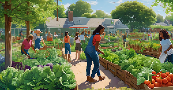 A diverse group of people working together in a community garden, surrounded by colorful vegetables and herbs under a clear blue sky.