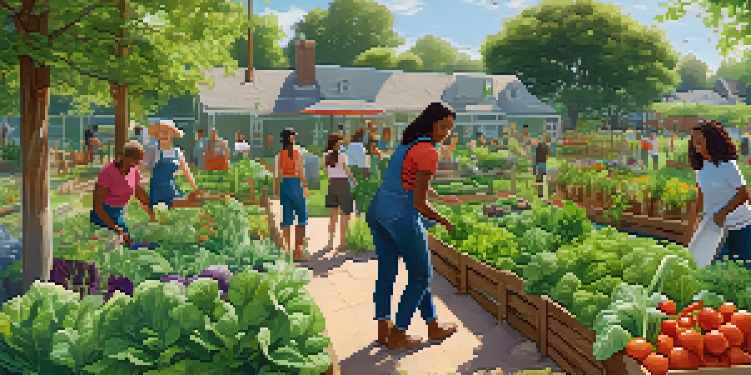 A diverse group of people working together in a community garden, surrounded by colorful vegetables and herbs under a clear blue sky.