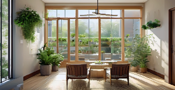 A bright and welcoming naturopathic clinic featuring a garden and cozy seating area, designed for relaxation and healing.