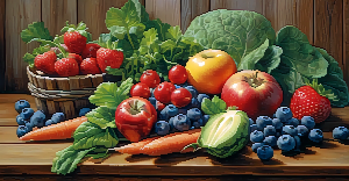 A colorful assortment of fruits and vegetables on a wooden table, showcasing their vibrant colors and textures under soft natural light.