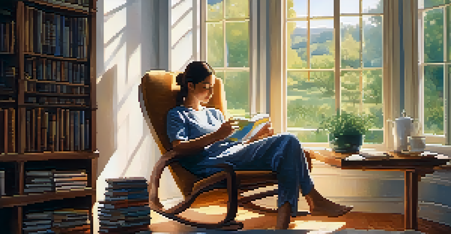 A serene image of a person in a cozy chair, sipping herbal tea with books beside them, bathed in soft sunlight, promoting hydration and relaxation.