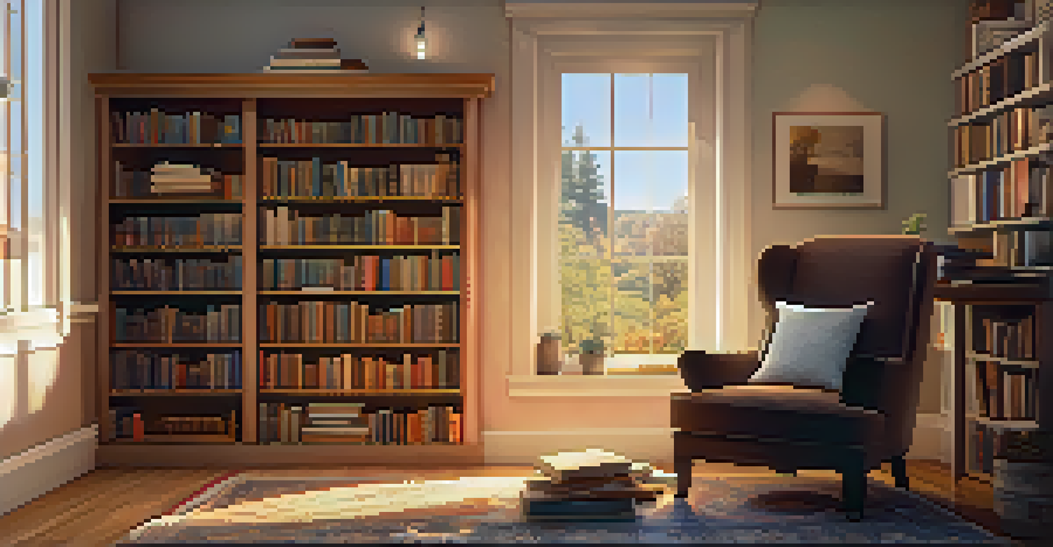 A cozy reading nook with an armchair, throw blanket, and a bookshelf, bathed in warm golden light with a cup of tea on a side table.