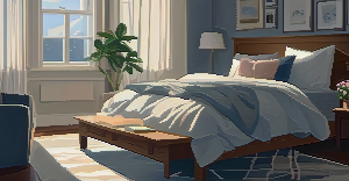 A cozy bedroom with a comfortable bed, soft pillows, and a warm blanket, illuminated by gentle light from the curtains.