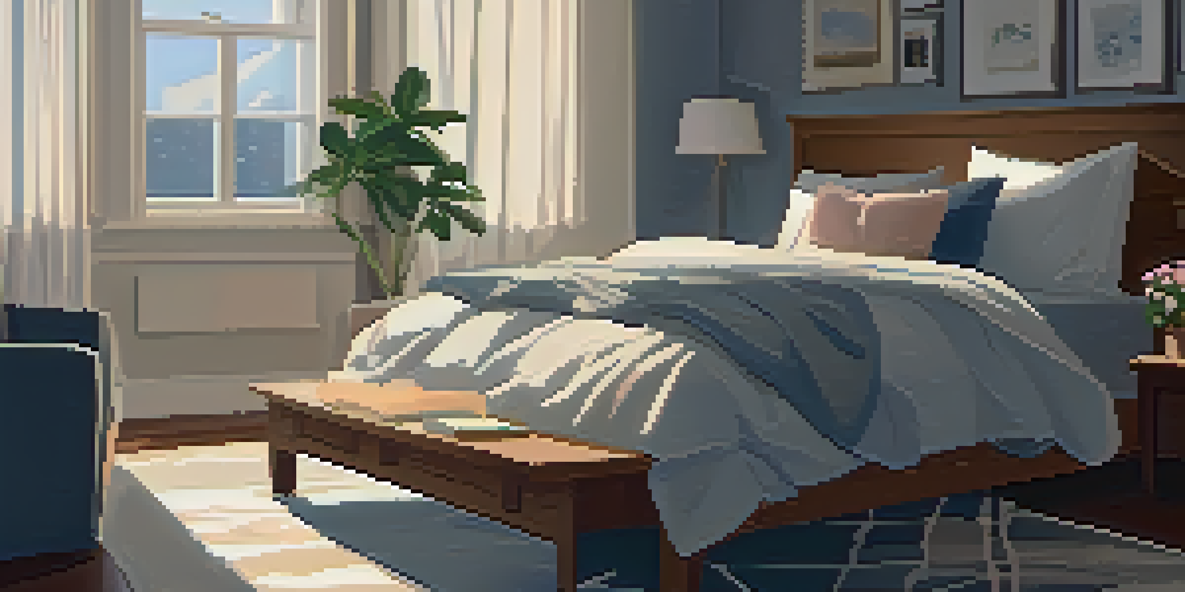 A cozy bedroom with a comfortable bed, soft pillows, and a warm blanket, illuminated by gentle light from the curtains.