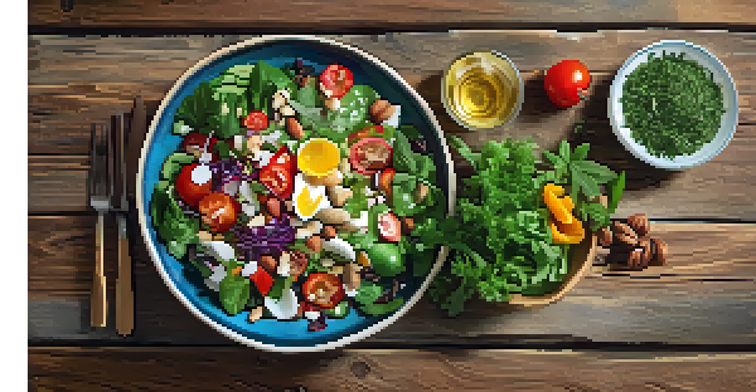 A colorful, healthy salad made of fresh vegetables and nuts on a rustic table, accompanied by a bowl of herbal tea.