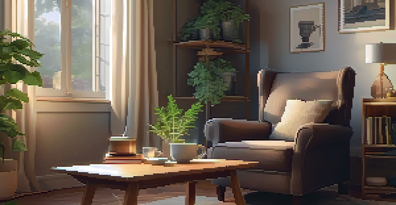 A cozy living room with a chair, a cup of herbal tea, an open book, and a plant, all bathed in warm light.