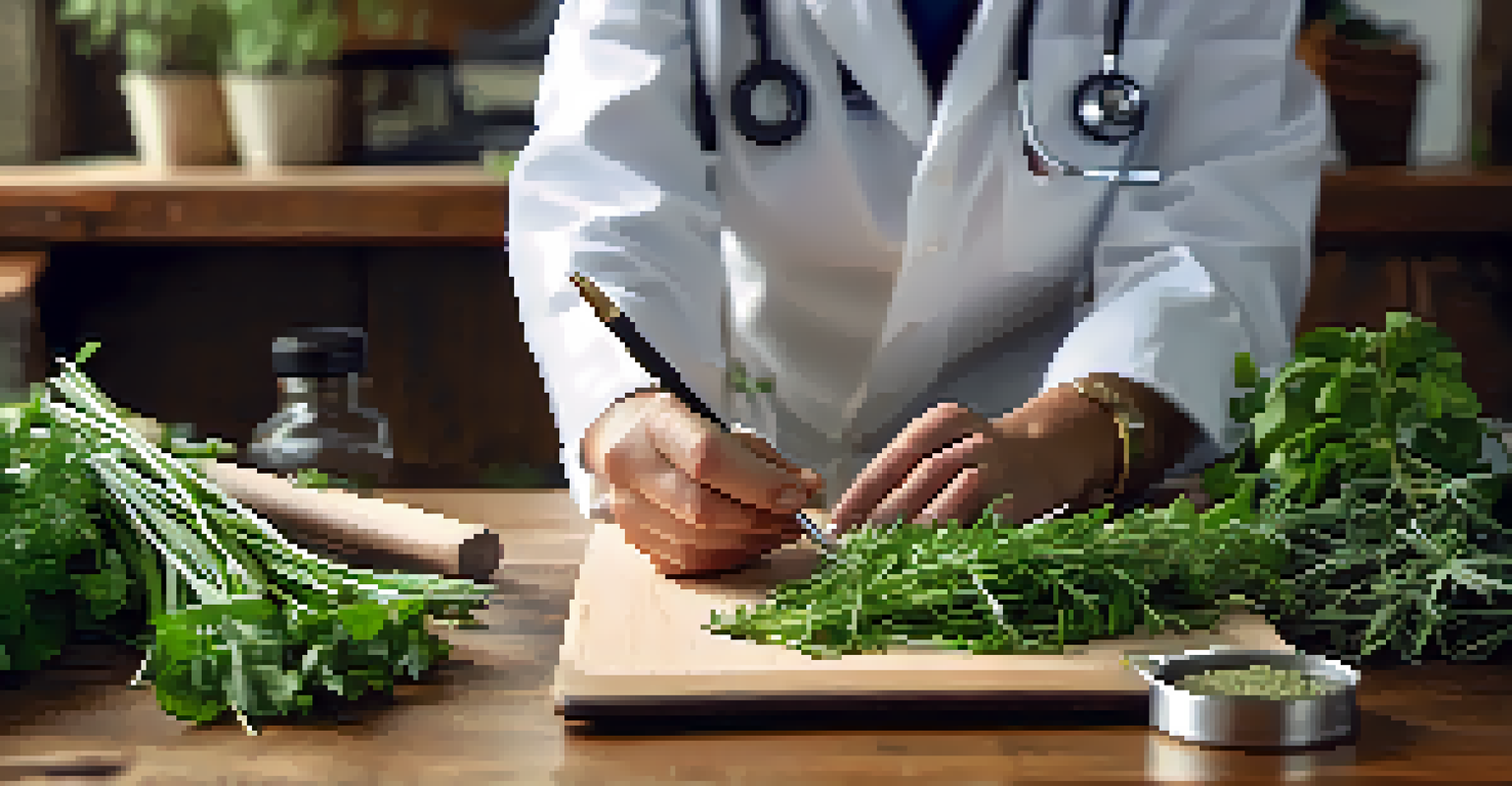 A naturopathic doctor examining fresh herbs on a wooden table with a notepad and stethoscope in the background.