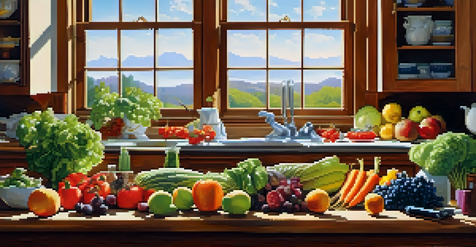 A bright kitchen filled with fresh fruits and vegetables, highlighting a healthy lifestyle and nutrition.
