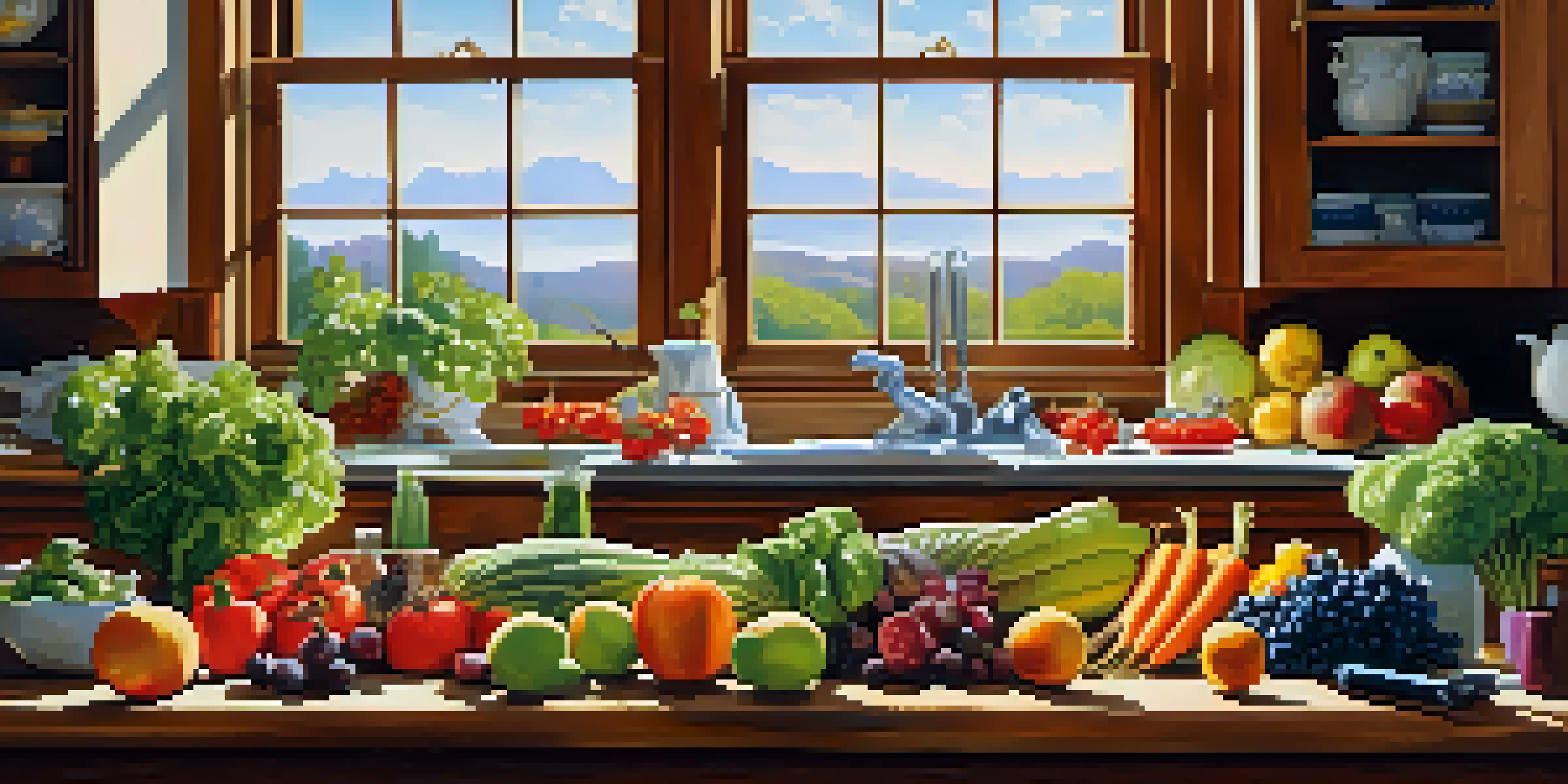 A bright kitchen filled with fresh fruits and vegetables, highlighting a healthy lifestyle and nutrition.