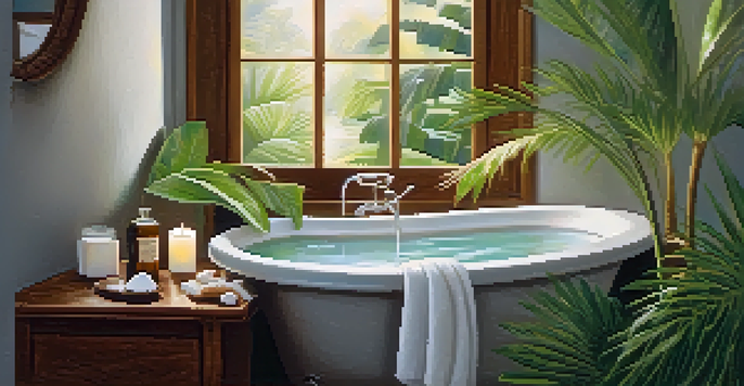 A cozy bathroom with a wooden bath tub filled with water, surrounded by plants and candles, featuring coconut oil on the edge.