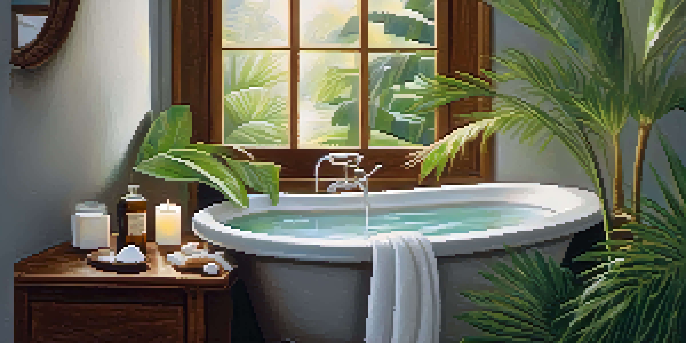 A cozy bathroom with a wooden bath tub filled with water, surrounded by plants and candles, featuring coconut oil on the edge.