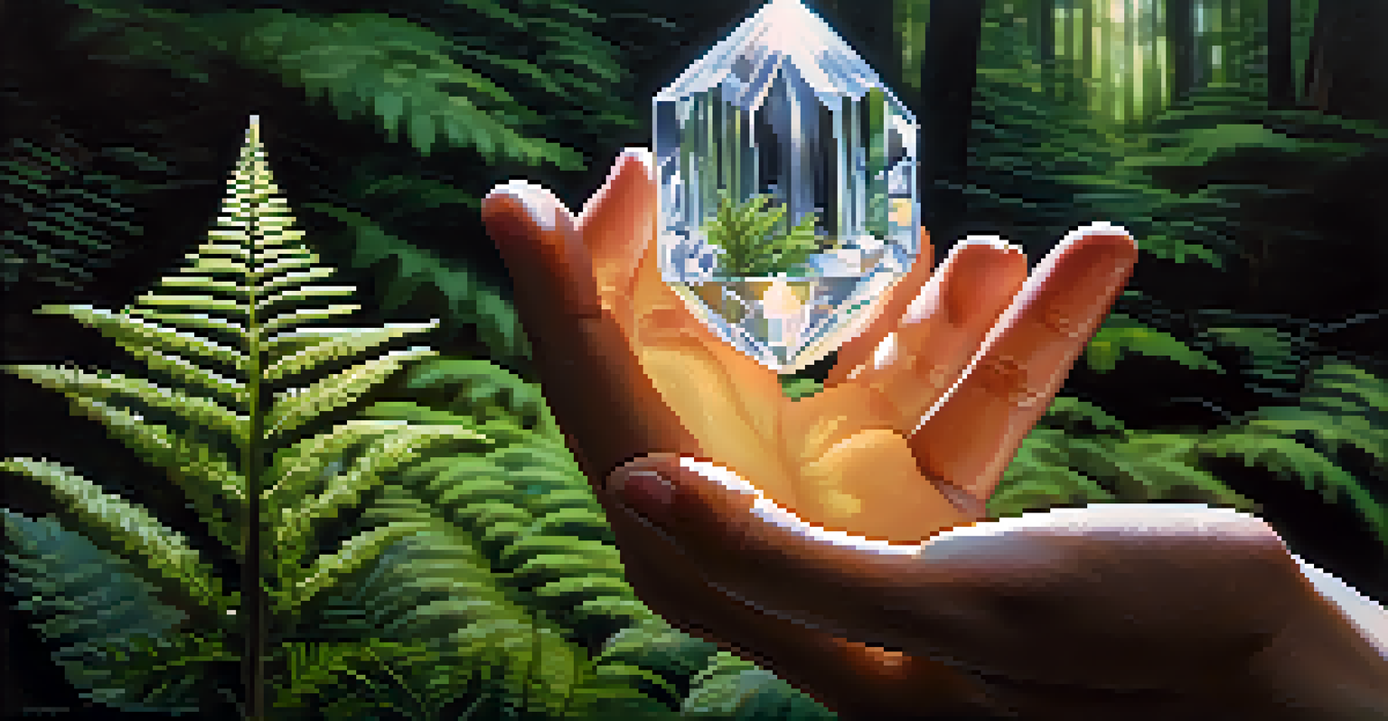 Close-up of hands holding a glowing crystal in a serene forest setting with moss and ferns.