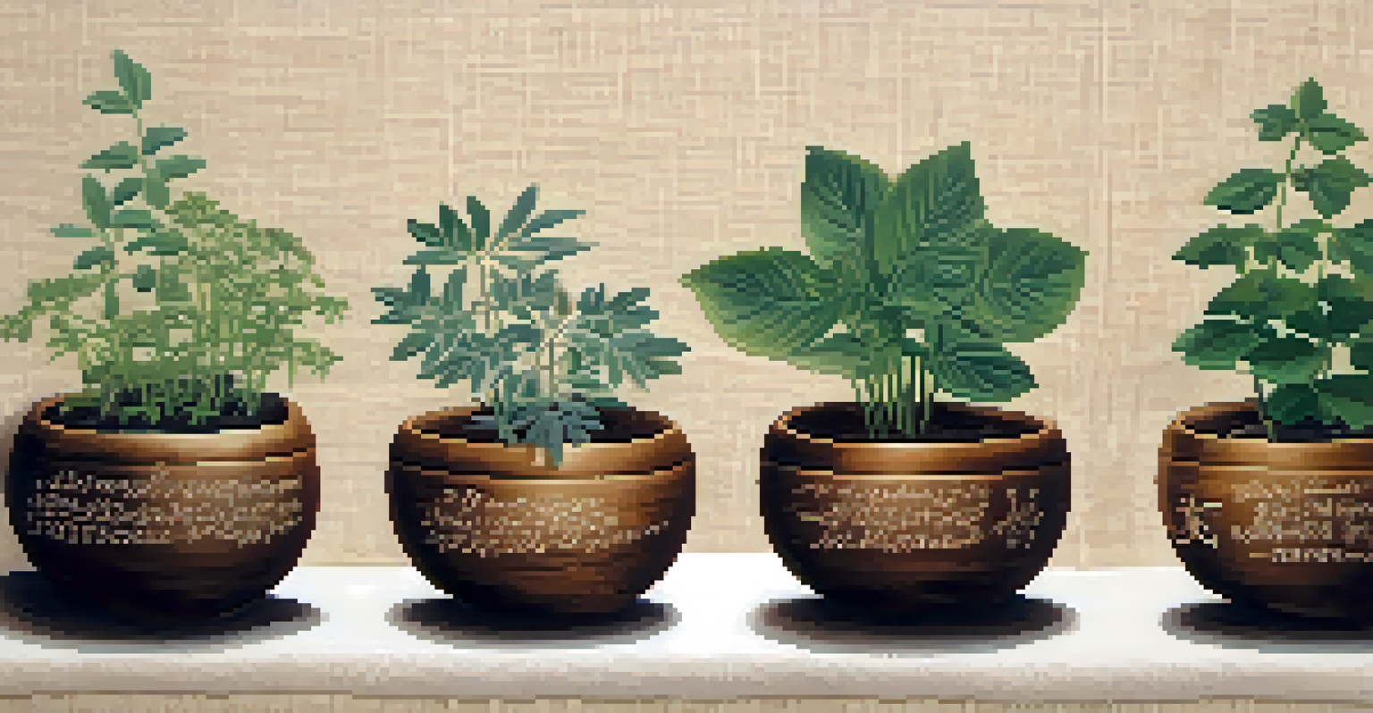 An arrangement of adaptogenic herbs in small wooden bowls on linen fabric, labeled with elegant calligraphy.