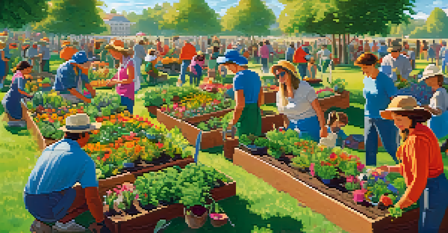 A vibrant community gardening event in a park with people of various backgrounds planting flowers and vegetables together under a sunny sky.