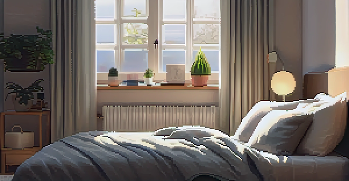 A cozy bedroom with a neatly made bed, warm lighting, and a peaceful atmosphere, promoting relaxation and sleep hygiene.