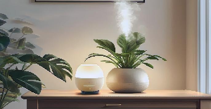 A cozy room with a stylish diffuser dispersing vapor, surrounded by houseplants and warm lighting, creating a relaxing ambiance.