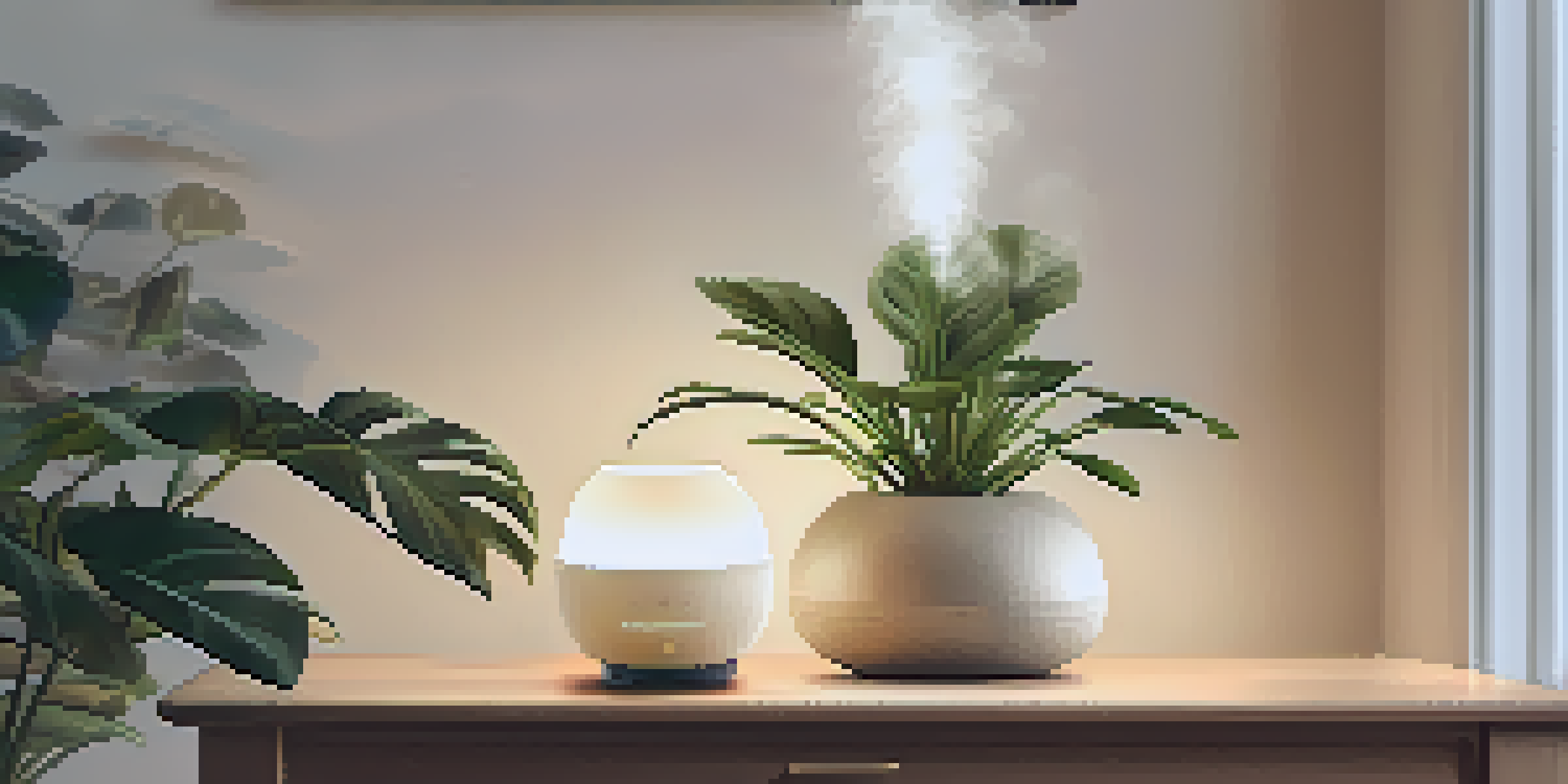 A cozy room with a stylish diffuser dispersing vapor, surrounded by houseplants and warm lighting, creating a relaxing ambiance.