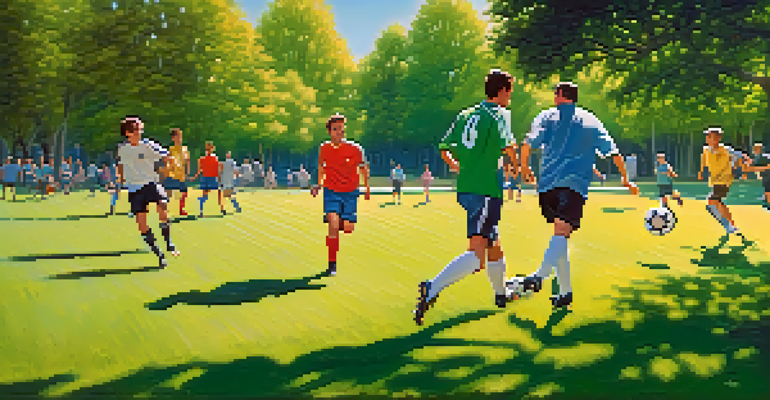 A group of men playing soccer in a park, showing joy and camaraderie in a vibrant outdoor setting.