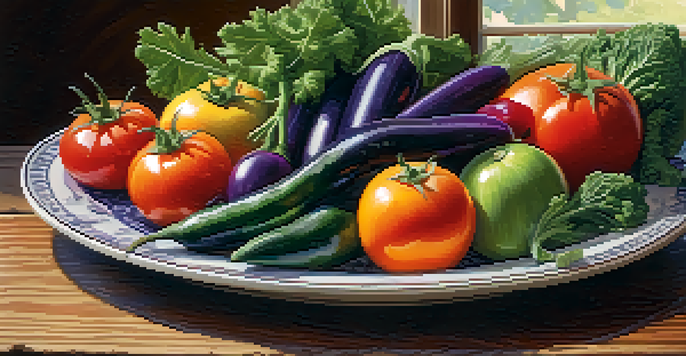 A colorful plate of fresh fruits and vegetables on a rustic wooden table, illuminated by soft natural sunlight.