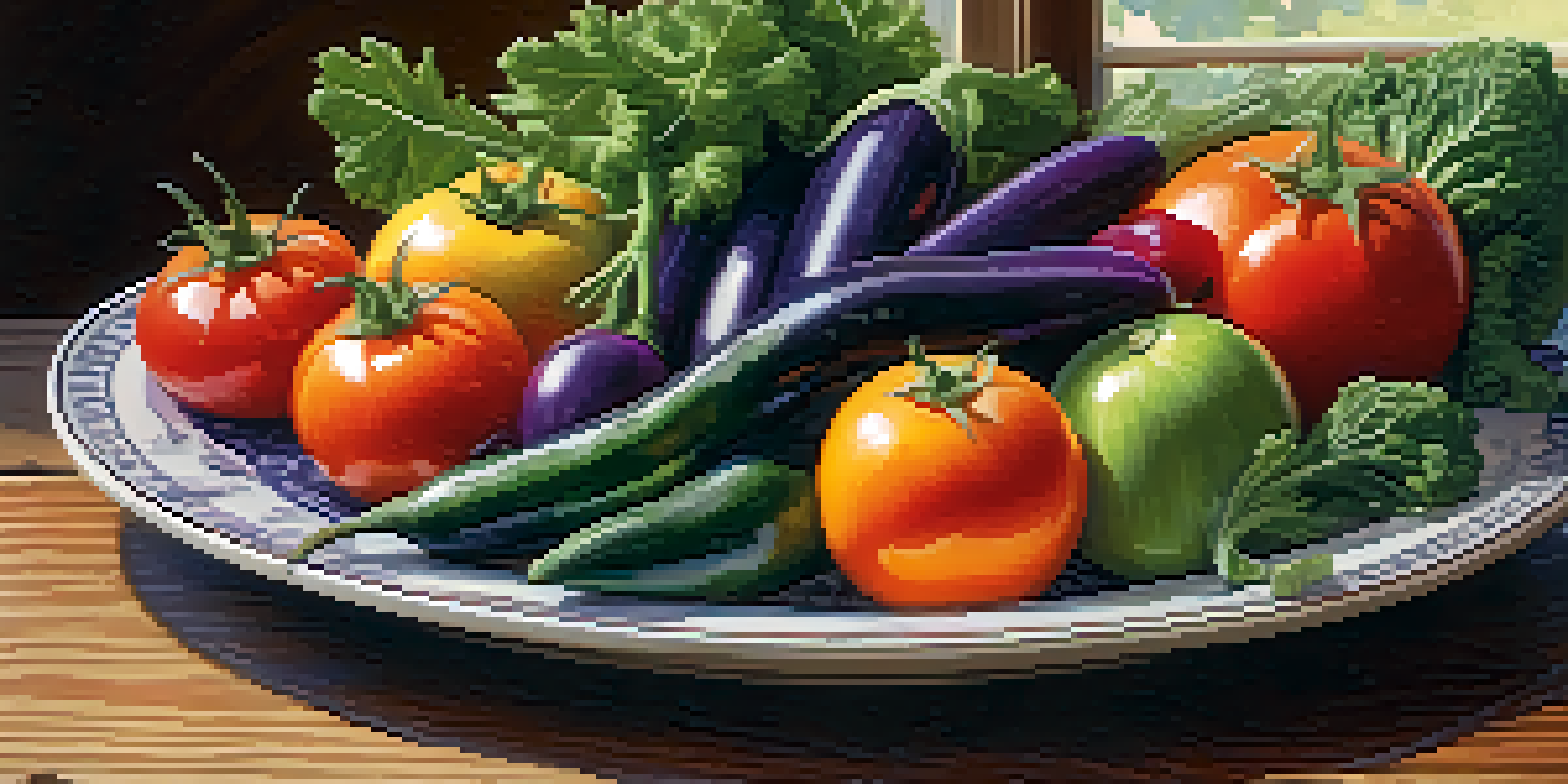 A colorful plate of fresh fruits and vegetables on a rustic wooden table, illuminated by soft natural sunlight.