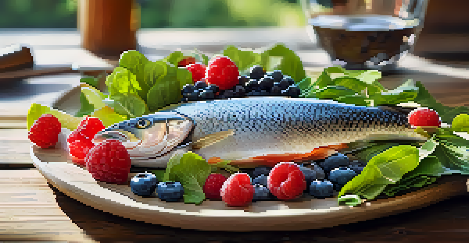 A close-up of a colorful plate with fatty fish, leafy greens, and berries, set on a wooden table, emphasizing freshness and nutrition.