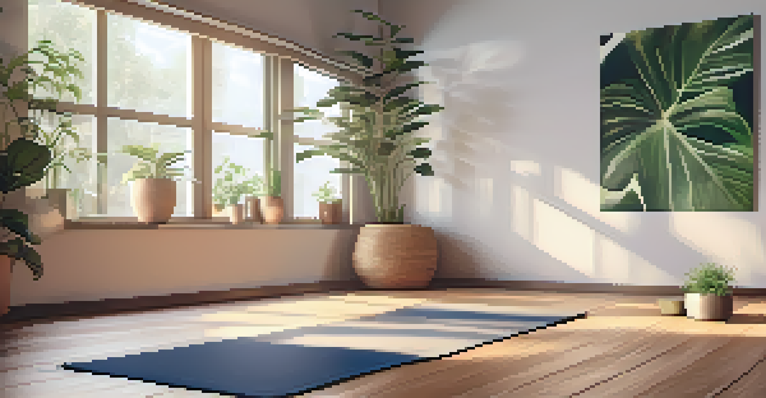 A yoga mat in a peaceful space with plants and candles, illuminated by soft natural light, ideal for relaxation and mindfulness.