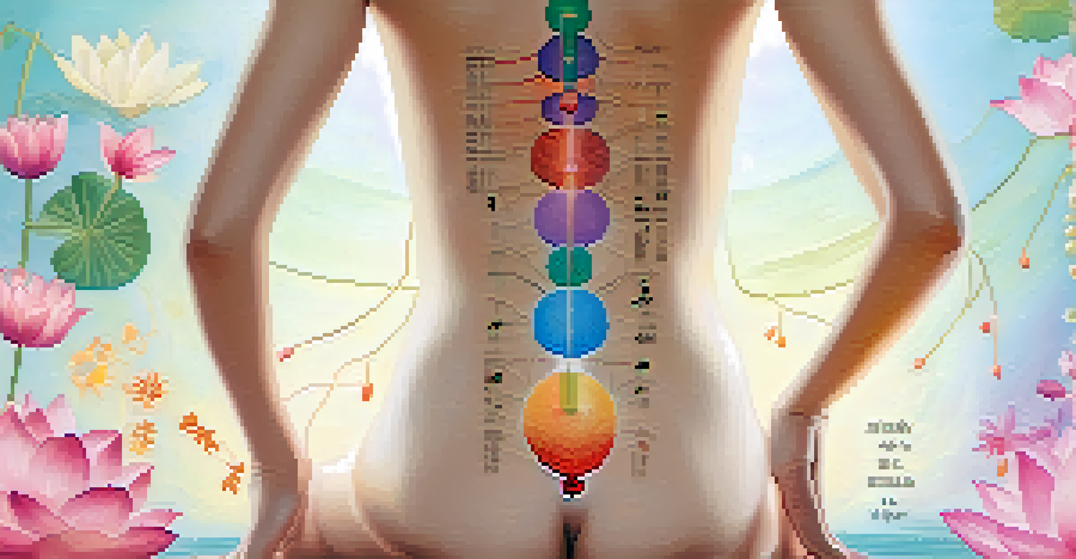 An illustration showing acupuncture points on a human body silhouette, surrounded by wellness symbols.