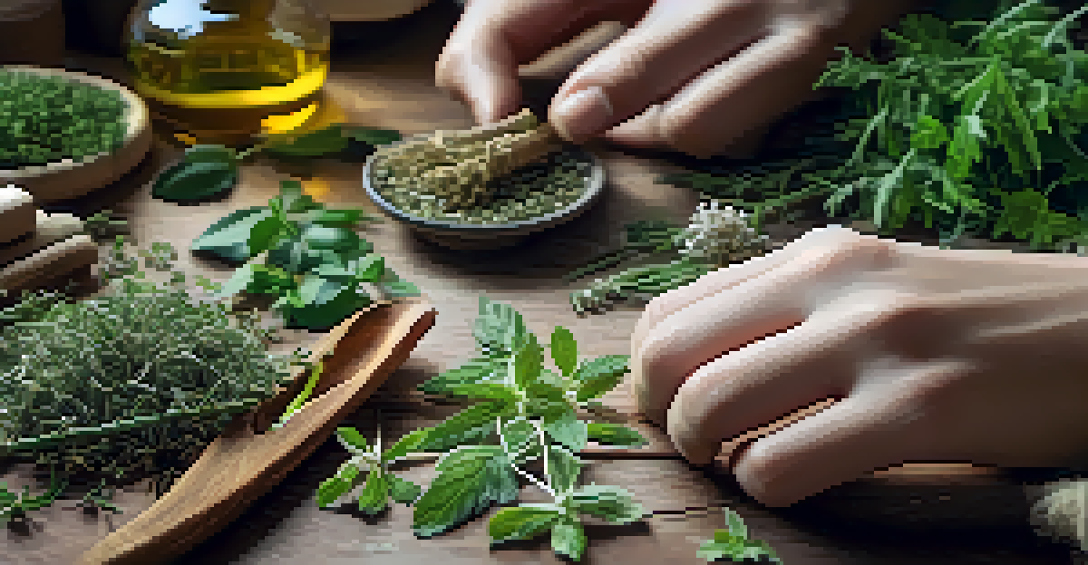A close-up of hands preparing herbal remedies with colorful herbs on a wooden table.