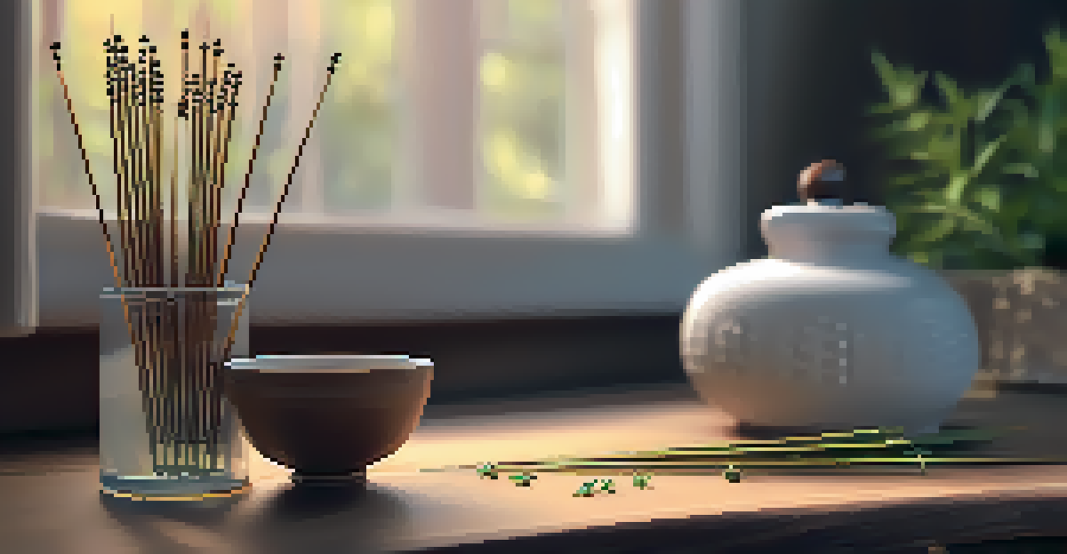 A close-up of acupuncture needles placed on a wooden table next to natural herbs and a bowl of herbal tea, illuminated by warm sunlight.