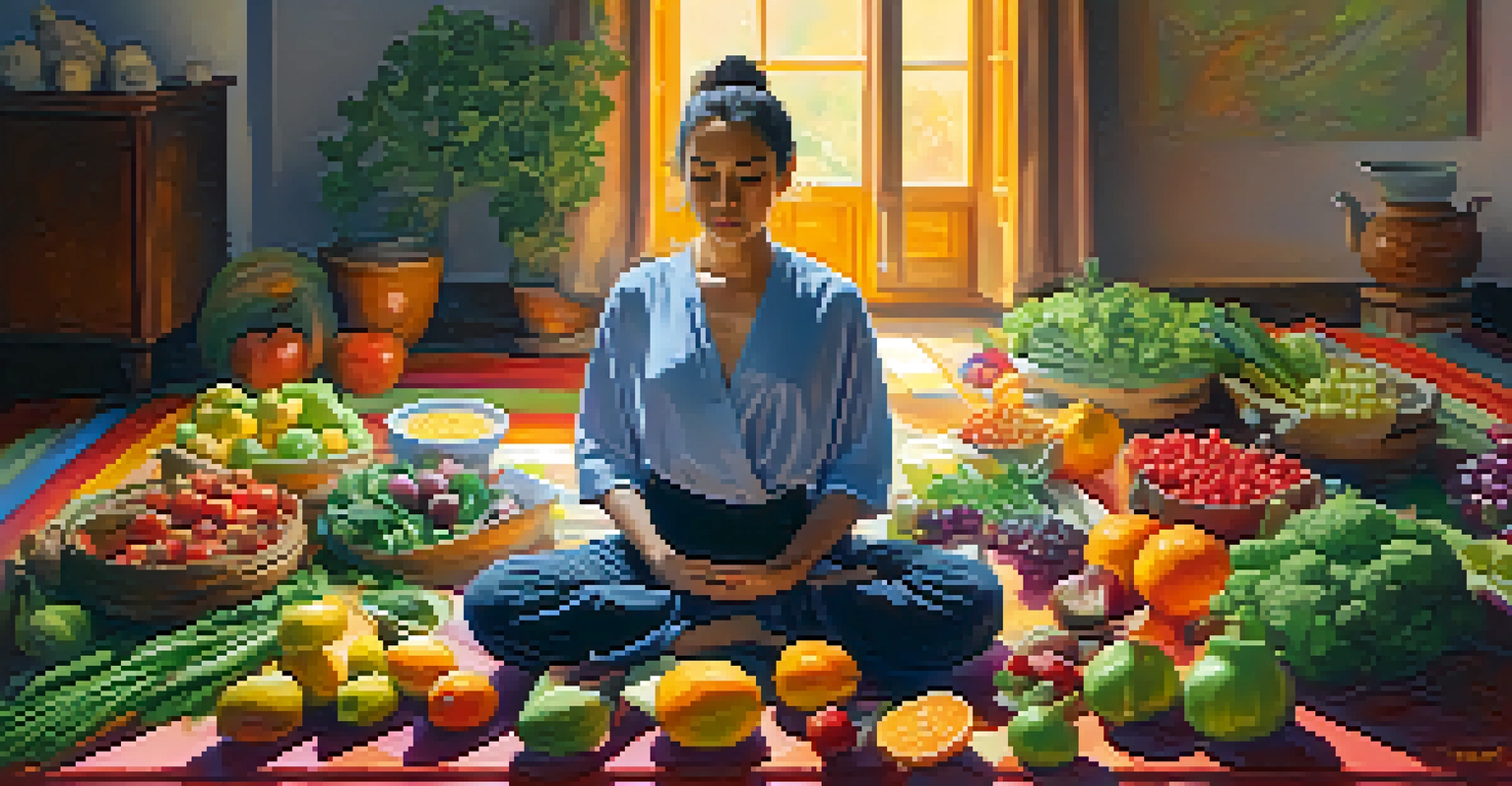 A person meditating on a mat surrounded by colorful fruits and vegetables, with a cup of chamomile tea nearby, under warm sunlight.