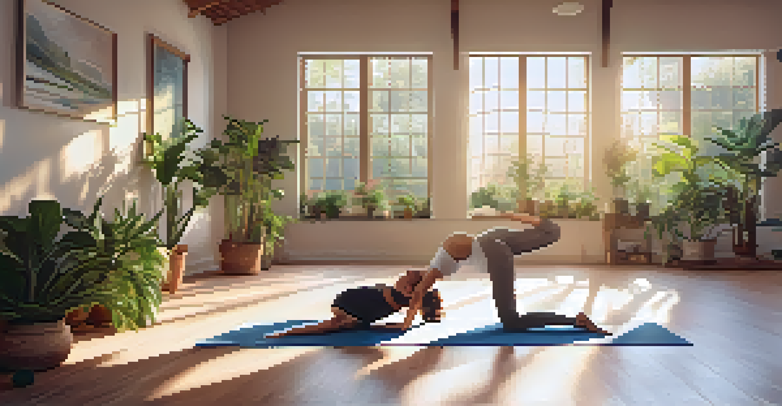 A person practicing Downward Dog pose in a bright yoga studio with plants and a garden view.