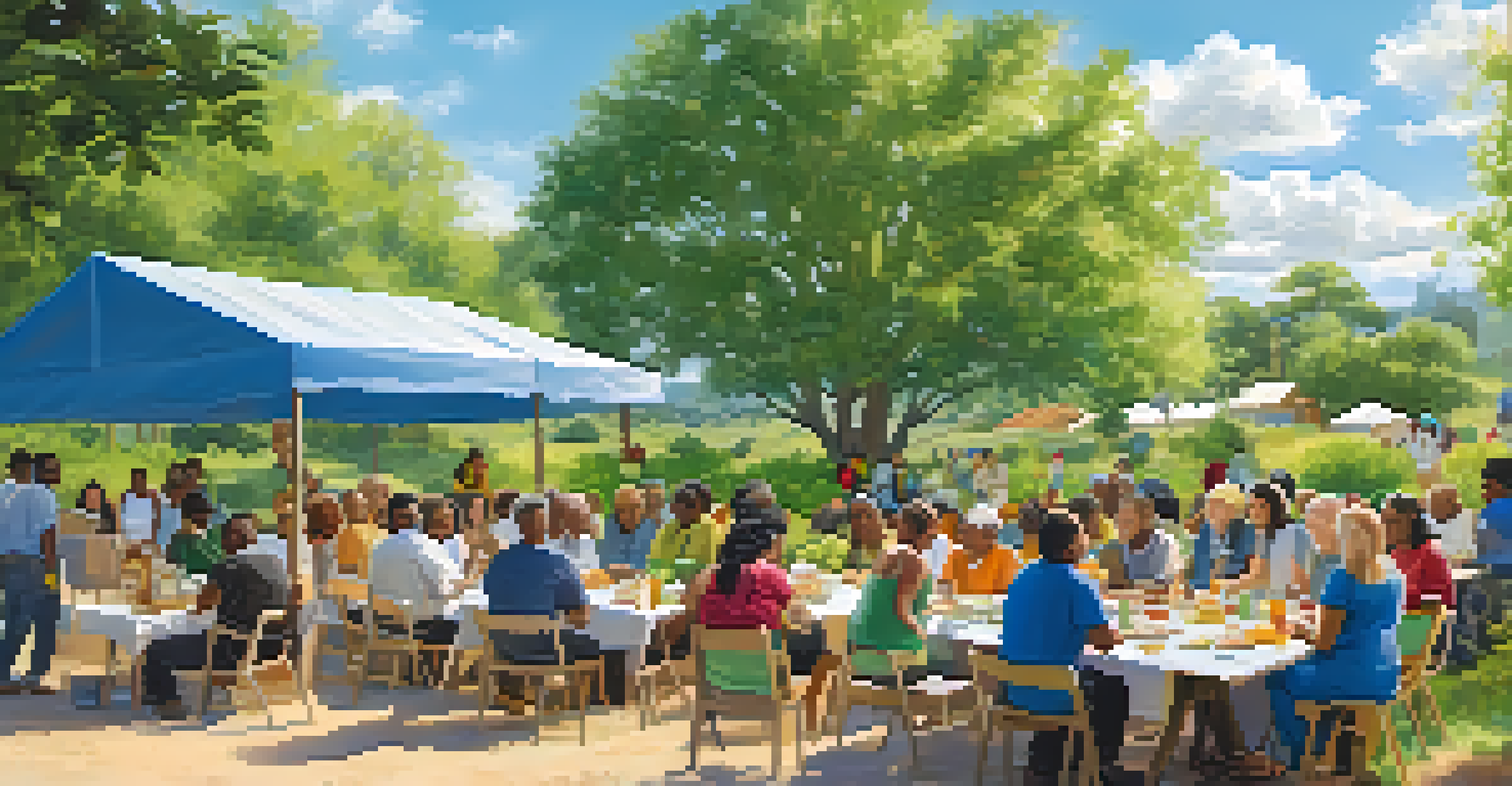 A community health workshop in a lush outdoor setting with people learning about nutrition and herbal remedies.