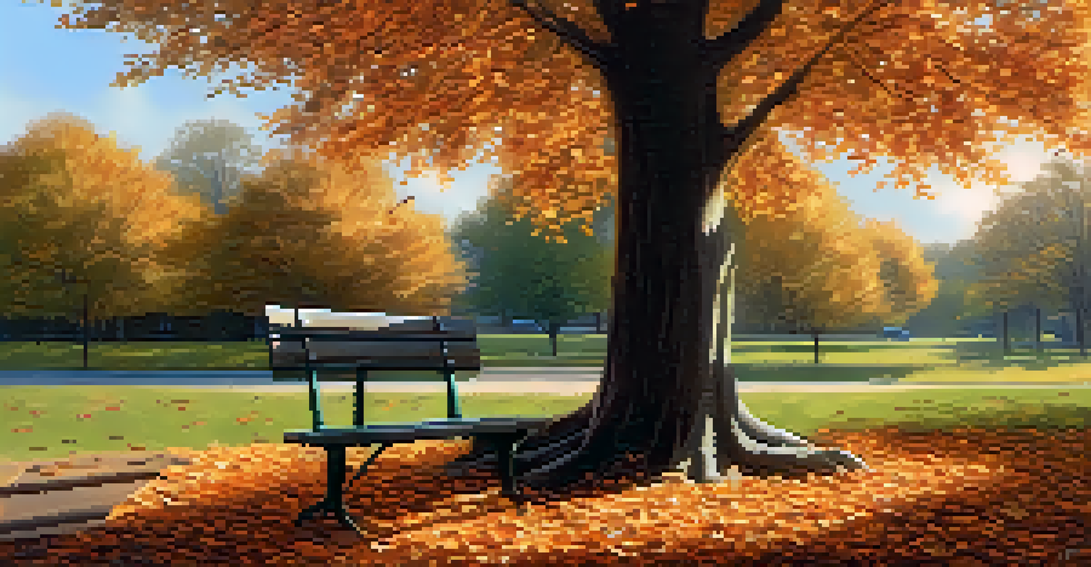 A park bench under a tree with an open journal and pen, surrounded by autumn leaves and sunlight filtering through branches.