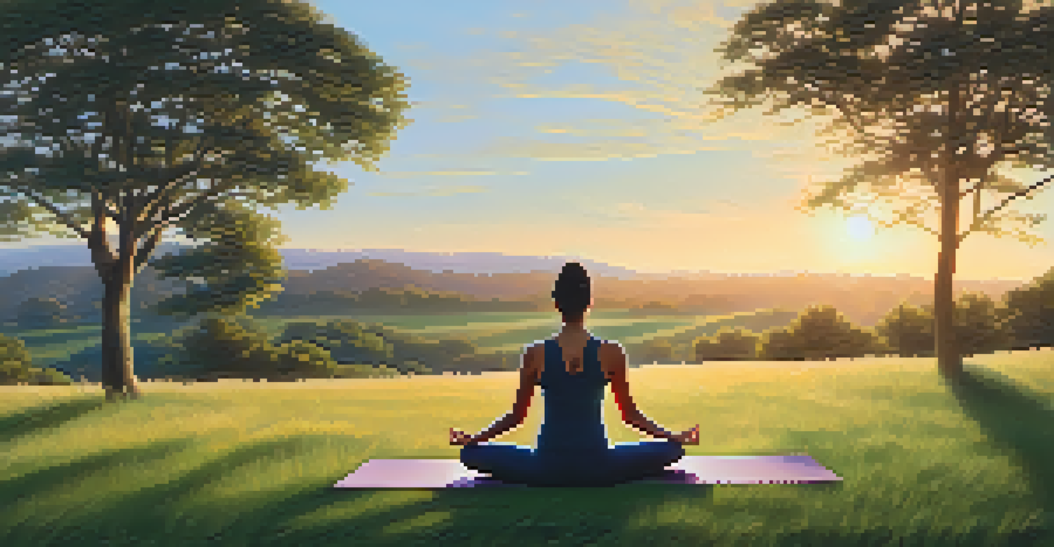 A person practicing yoga on a hill during sunset, surrounded by nature, emphasizing peace and wellness.